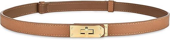 ANHAISHUILV Women's Skinny Leather Belt with Adjustable Golden Turn-Lock Buckle - Ideal for Dresses, Jeans, and Coats, Caramel