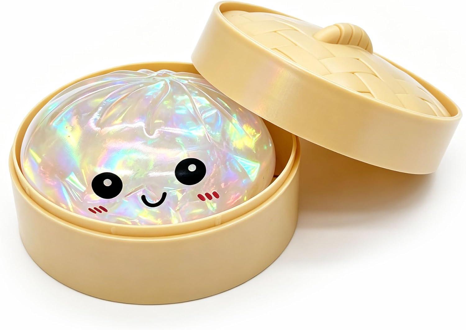 Glitter Dumpling Toy with Steamer Box, Funny Squeeze Dough Stress Ball, Realistic Steamed Bun Fidget Sensory Toy for Desk Anxiety Relief Calming Travel Accessory Gift