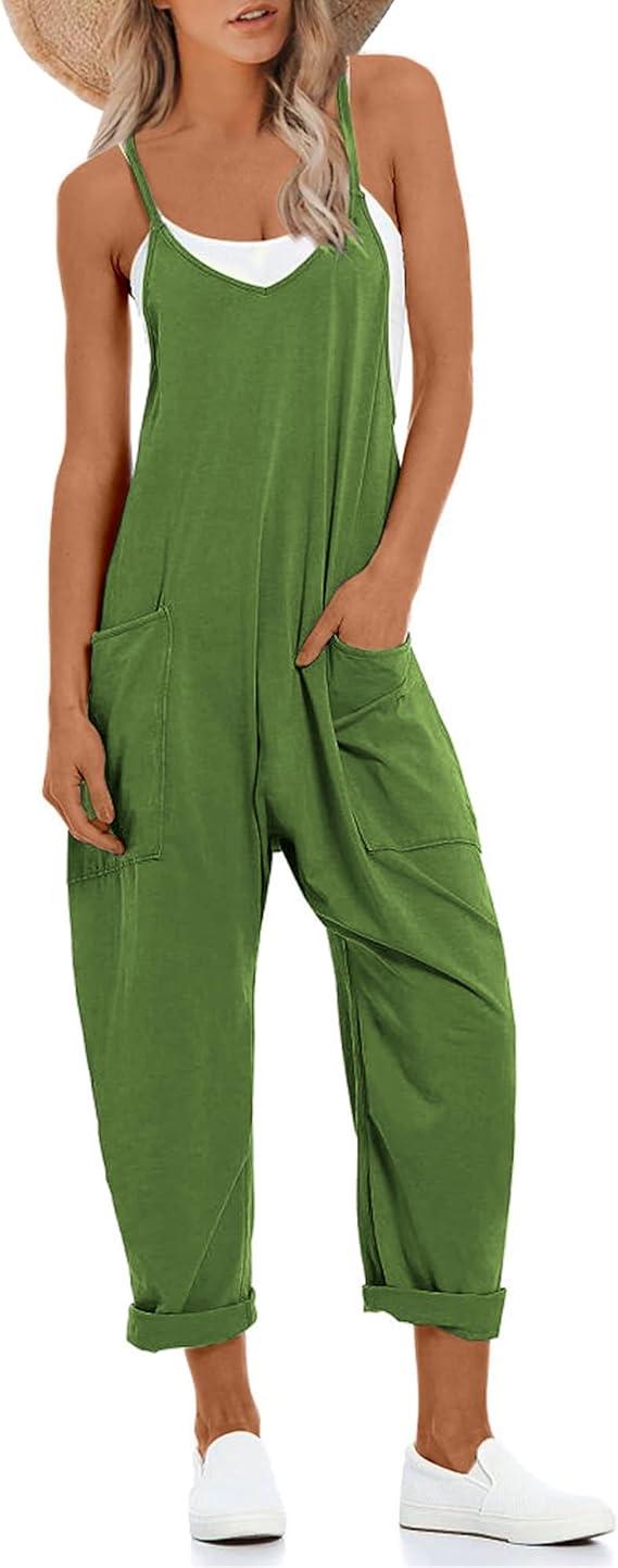 Women's Causal Jumpsuits V Neck Sleeveless Harem Overalls Stretchy Adjustable Strap Romper with Pockets